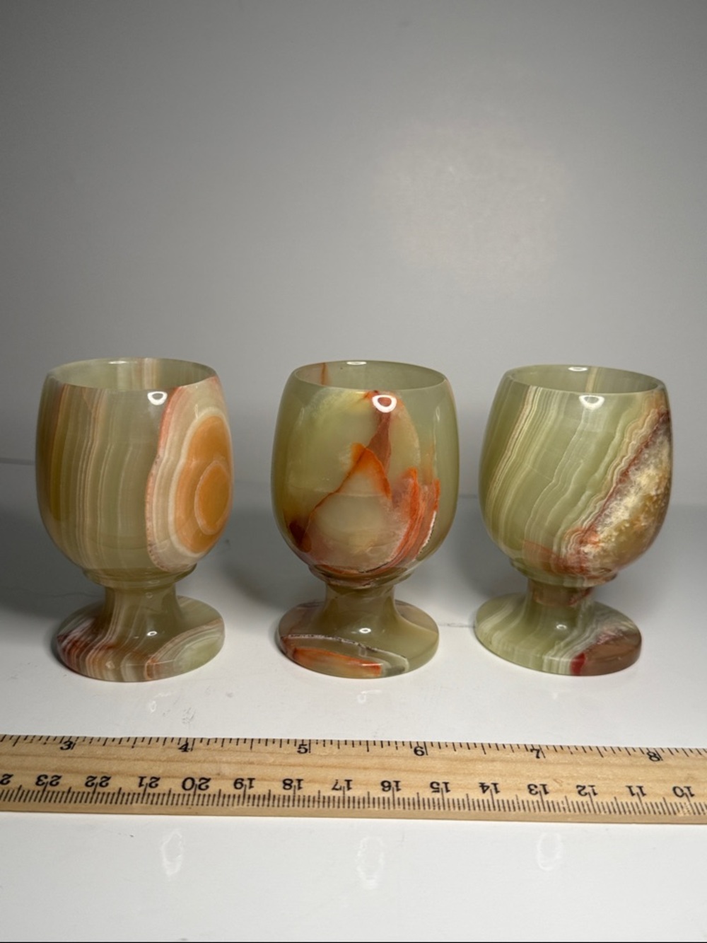Set of 3 Onyx/marble Goblet-Style Stone Cups lovely greens and orange